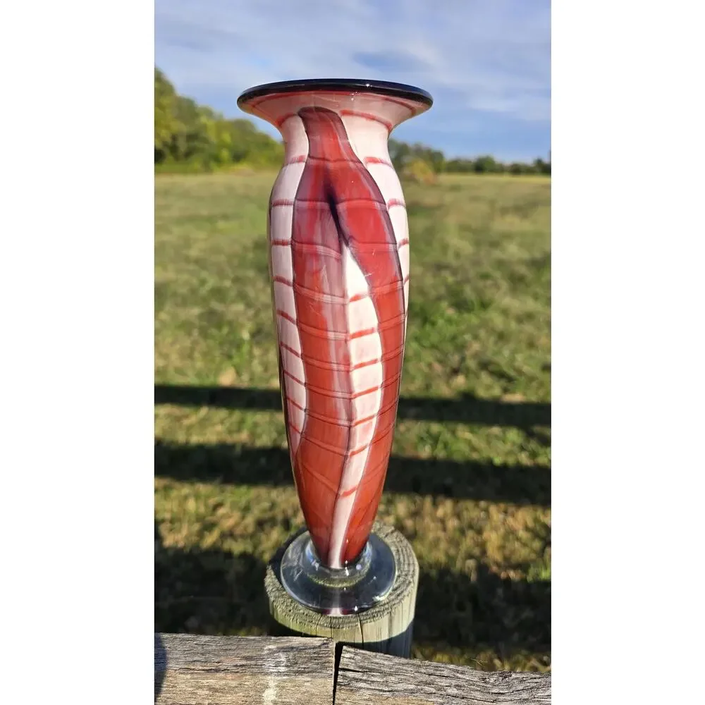 Vintage The Glass Forge Art Glass Vase Red Orange Signed 2002 Hand Blown USA